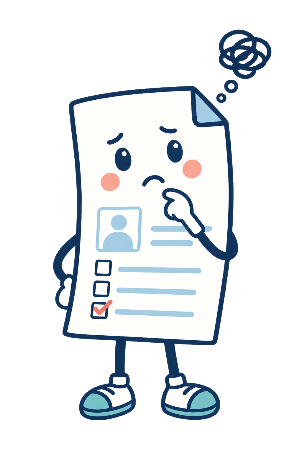 不安そうに職務経歴書を考える紙のキャラクターです