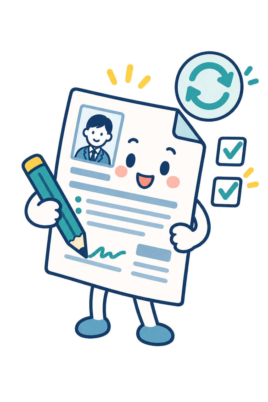 職務経歴書を更新する紙のキャラクターです