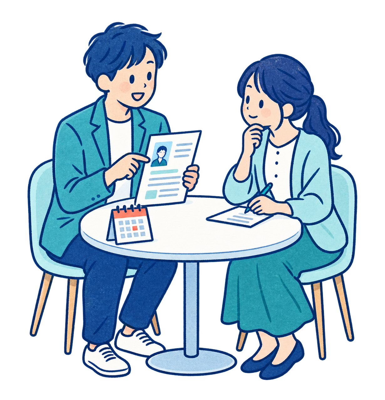 職務経歴書を見ながら話す二人とカレンダー