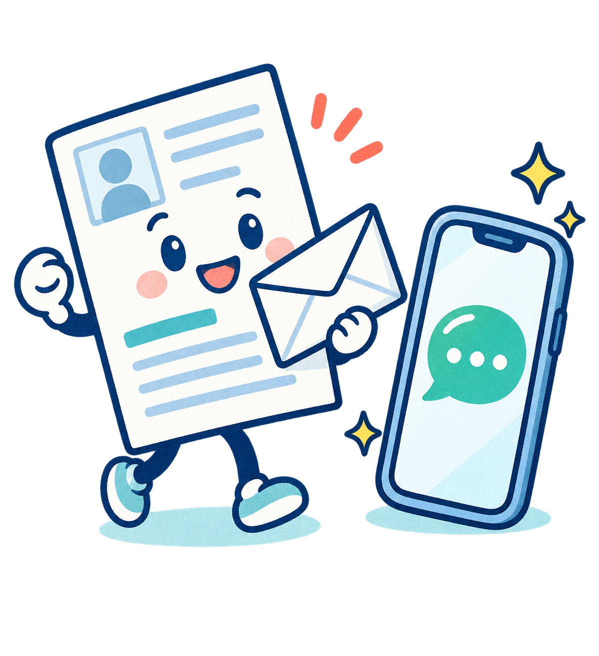 職務経歴書を持ってスマートフォンに近づく紙のキャラクター