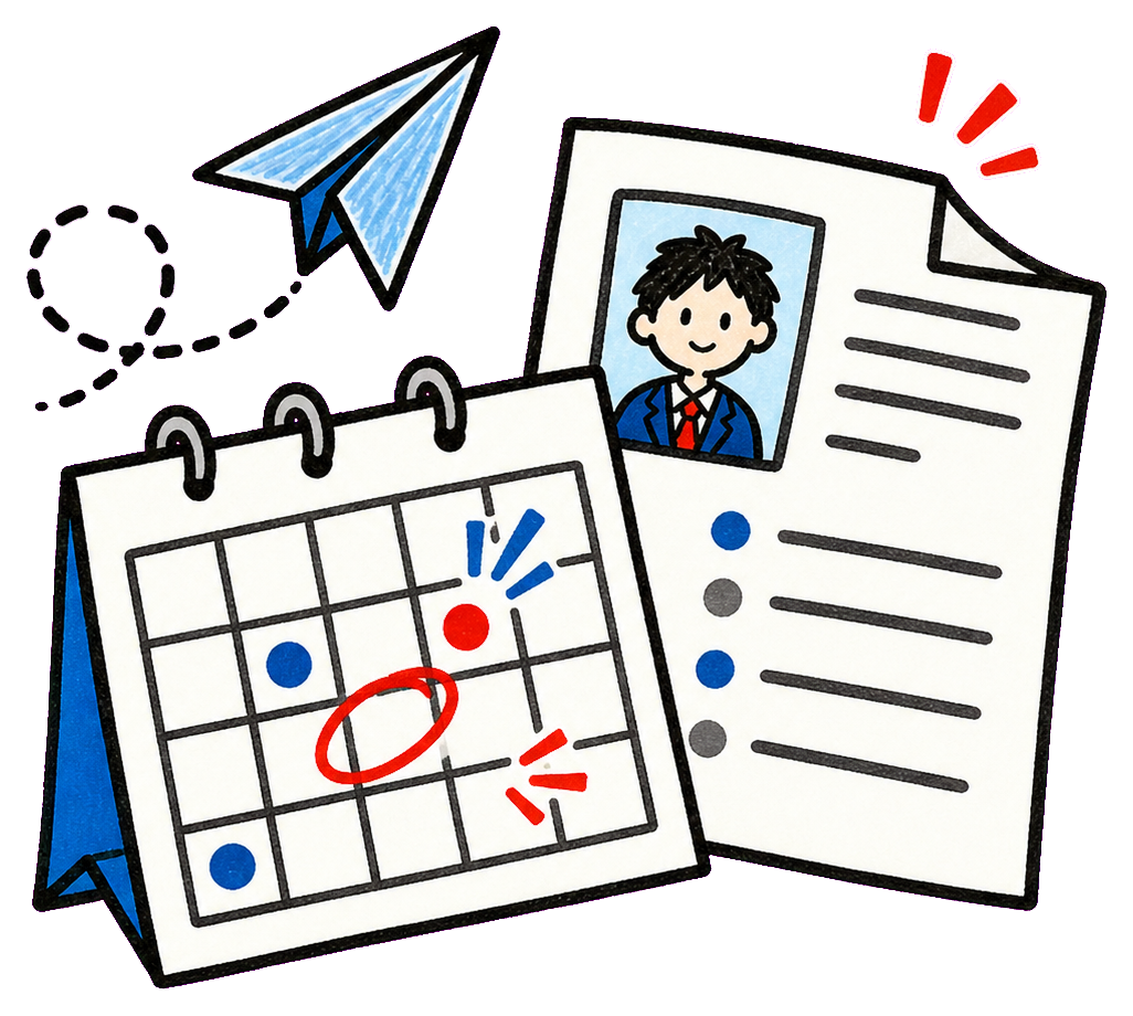 カレンダーと職務経歴書と紙飛行機のイラスト