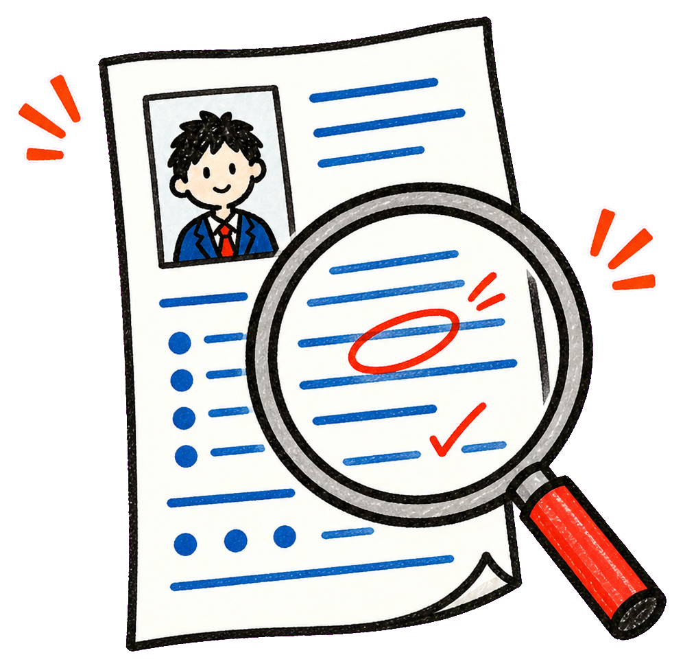 職務経歴書を拡大鏡で確認するイラスト